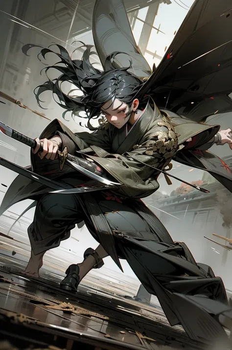 masterpiece,best quality,super fine illustration,super detailed,beautiful background,perfect face,perfect hands,dynamic angle,Ink painting style,

Break Kimono,knife,sheath,Break Rain,battlefield,Break the ruined land. You&#39;re fighting an enemy.,Grim fa...