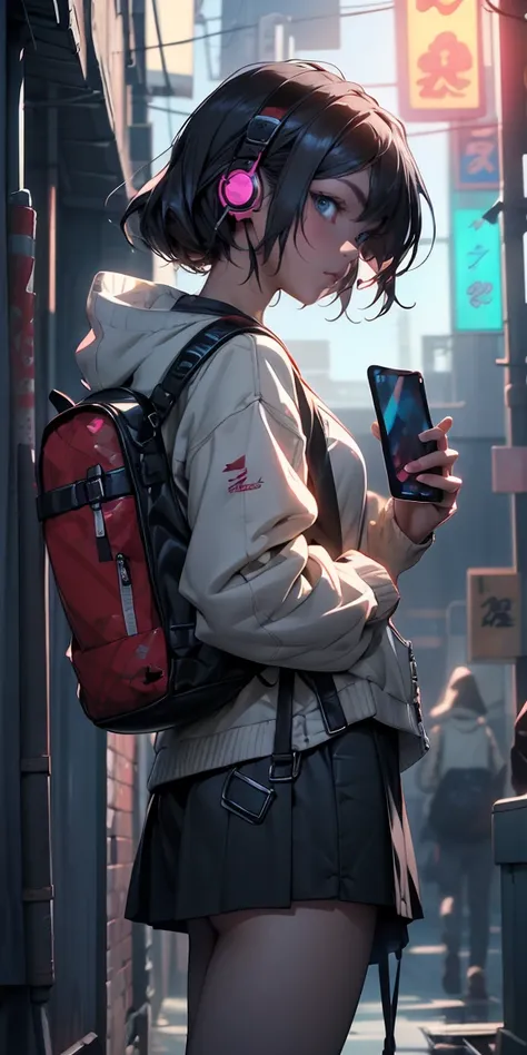 Anime girl in headphones and backpack looking at a mobile phone, anime style 4 k, Alice x. Zhang, digital anime art, Night club, Digital anime illustration, anime styled digital art, anime art wallpaper 4k, anime art wallpaper 4k, anime art style, anime di...