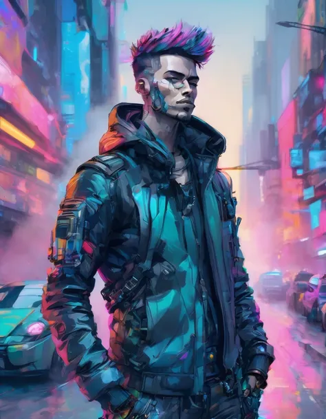 a detailed cypunk badass man , leaning against the wall pose on a futuristic street beside a traffic light , ((holding a smoke))...