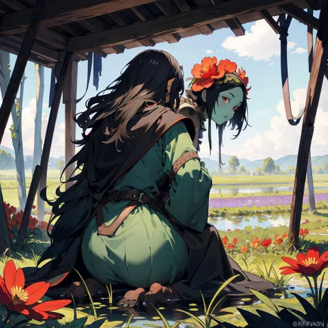 back view no face black haired girl with medieval dress outfit, sitting on the flower field, with swamp creature monster