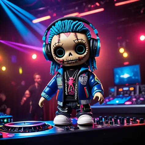 (knitted toy voodoo doll: 1.2), (Voodoo DJ: 1.3), (Clothes: Headphones, stylish jacket with logo, T-shirt: 1.0), (in the background Club with laser lights, dance floor, DJ booth: 1.2), best quality, masterpiece, detailed soft oil painting, detailed backgro...