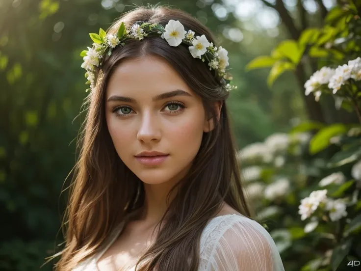 a beautiful young woman in a serene garden, 1girl, detailed face, green eyes, long eyelashes, flawless skin, gentle smile, flower crown, flowing dress, detailed petals, sunlight filtering through trees, lush greenery, (best quality,4k,8k,highres,masterpiec...