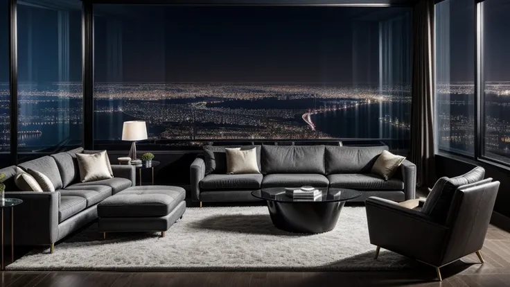 "Futuristic, sleek and modern living room with stylishly designed TV, Comfortable sofa, And a stylish desk. The room features floor-to-ceiling windows that offer stunning views of a bustling cityscape At night, Create a captivating cyberpunk atmosphere." L...