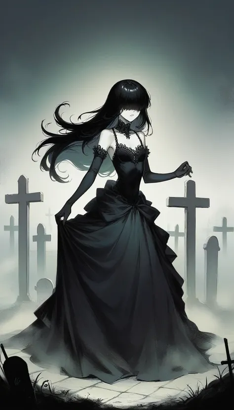 masterpiece, newest, 1 girl, solo, skinny, elegant short gothic dress, show her flat , pale skin, fine lace fabric detail, lace pantyhose, lace elbow gloves, black hair, hair over eyes, long hair, cemetery, pantyhose, shiny skin, simple background, dark ba...