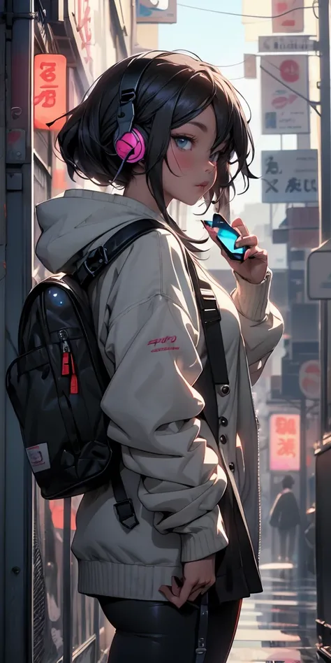 Anime girl in headphones and backpack looking at a mobile phone, anime style 4 k, Alice x. Zhang, digital anime art, Night club, Digital anime illustration, anime styled digital art, anime art wallpaper 4k, anime art wallpaper 4k, anime art style, anime di...