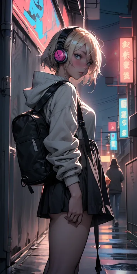 Anime girl in headphones and backpack looking at a mobile phone, anime style 4 k, Alice x. Zhang, digital anime art, Night club, Digital anime illustration, anime styled digital art, anime art wallpaper 4k, anime art wallpaper 4k, anime art style, anime di...