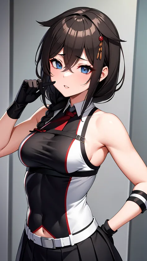 Shigure Kai 3 KanColle Sleeveless Black Thimble Glove Black Skirt Braid 8K High Resolution insanely detailedinsanely detailed eyes insanely detailed face、insanely detailed body、insanely detailed skin