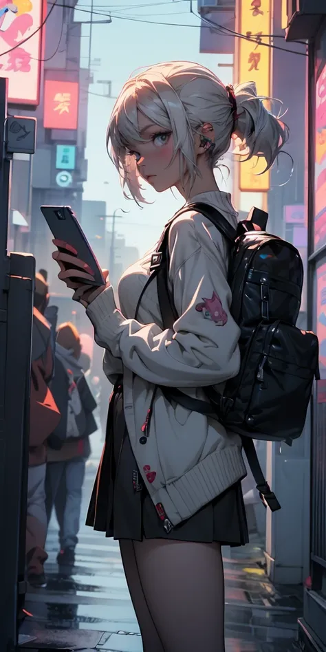 Anime girl in headphones and backpack looking at a mobile phone, anime style 4 k, Alice x. Zhang, digital anime art, Night club, Digital anime illustration, anime styled digital art, anime art wallpaper 4k, anime art wallpaper 4k, anime art style, anime di...