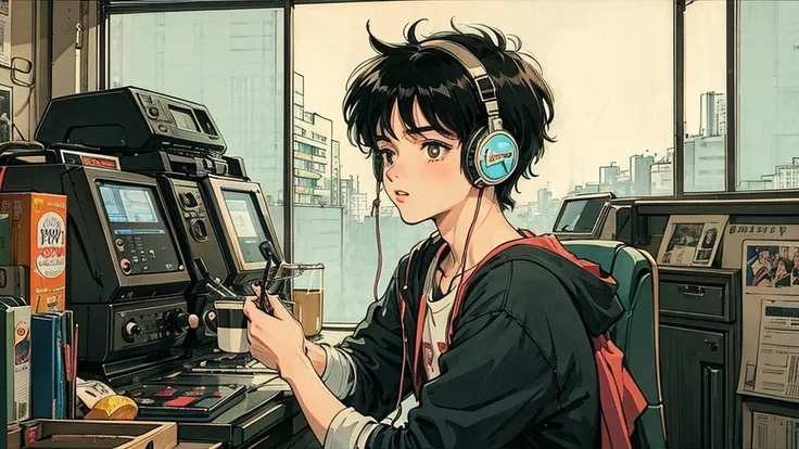 1 boy, 80s anime style, I have headphones on, coffee, Retro, Lo-Fi