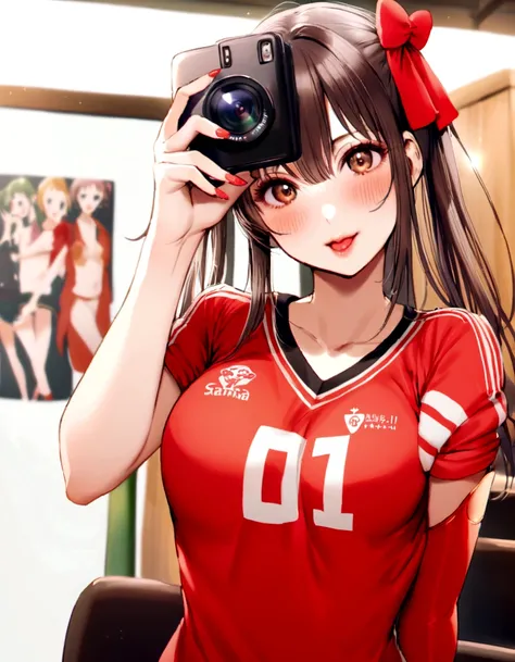 A woman in a red shirt is taking a picture, Wearing a volleyball jersey, realistic Young Gravure Idol, sakimichan hdri, Young Gravure Idol, Japanese Model, Young and cute gravure idol, aoshima Chiho, Young and sexy gravure idol, Chiho, Young and skinny gra...