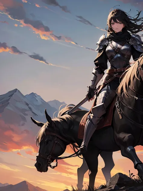 A warrior whose face is covered with a black cloth and is wearing an iron armor and helmet and is riding a black horse and is looking towards a village and a fort situated below a high mountain.