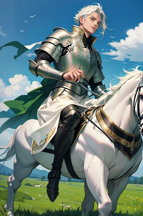 Knight in armor riding a white horse on a green meadow