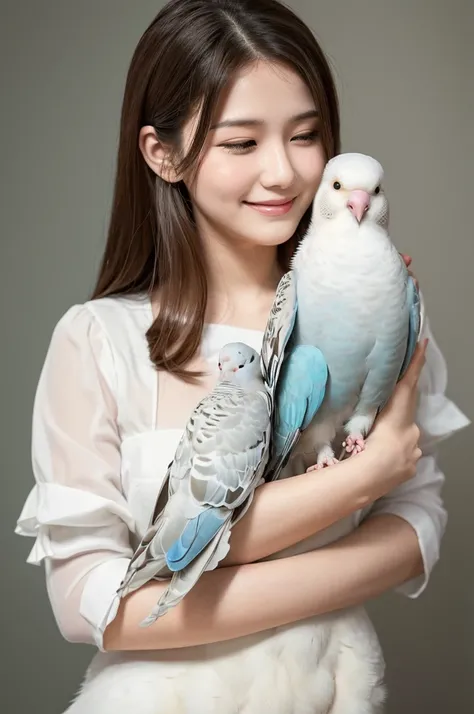 1. A cat, a dog, a cockatiel, a white dove, and a budgerigar look happy being held by a woman. One of each. The background is a simple white. A bright, happy image.