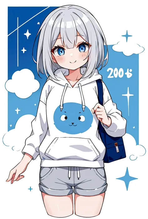 Girl,Silver Hair,blue eyes,Bob,birthday,whole body,White hoodie,Grey shorts,smile,older sister,present