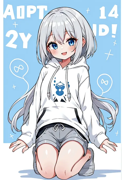 Girl,Silver Hair,blue eyes,Bob,birthday,whole body,White hoodie,Grey shorts,smile,older sister,present