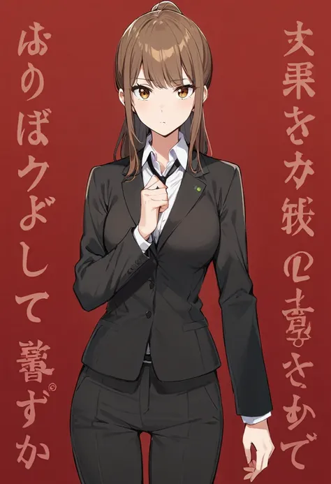 1 Girl, suit, office lady, Black trousers, Black blazer, Brown Hair, Long Hair, teenager, ponytail, Cover your nose with your hand