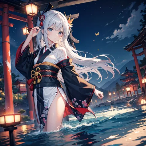 (((1 person)))　((High resolution　Gray Hair　Long Hair　Black kimono　Shoulder　knifeを構える))　((Black Belt　Yellow butterfly　night　Japanese style　Shining Aura　shrine　torii　water surface))　(dance　日本knife　knife　Slashing)　moonlight　star　Draw your sword　Shining Backgr...