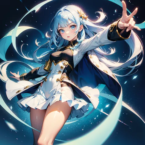 1girl、Dynamic composition、((Perspective Lens, A woman with white and light blue straight long hair,  Dynamic poses with serious and mean expressions, Two hands holding a large, long magic wand )) ((Pure Blue Background:1.2)),Anime Style、detailedな目、Perfect ...