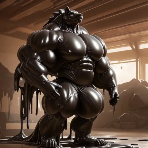 solo, male, , , , (hyper pecs:1.2), （long thick thighs:1.5）, standing, indoor,，(，,(,solo,very hyper muscles:1.3)((, Huge bulge：1.3))）（)), black glowing liquid，（((liquid_latex, , rubber:1.2)，,black latex，goo transformation，(gooey)()(l），unreal engine,perfect...