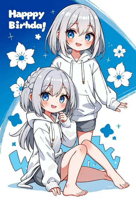 Girl,Silver Hair,blue eyes,Bob,birthday,whole body,White hoodie,Grey shorts,smile,older sister,