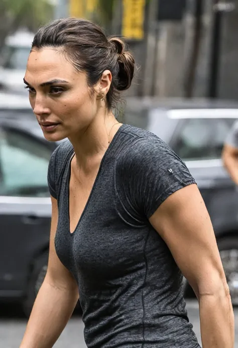  high quality  Erotic paparazzi photograph  (GalGadot  , ) random erotic photograph , she is wearing a sweaty, tight  tshirt , random move ,seductive, tired woman , fit muscular woman  (,  depth of field, insanely detailed skin texture, extremely detailed ...