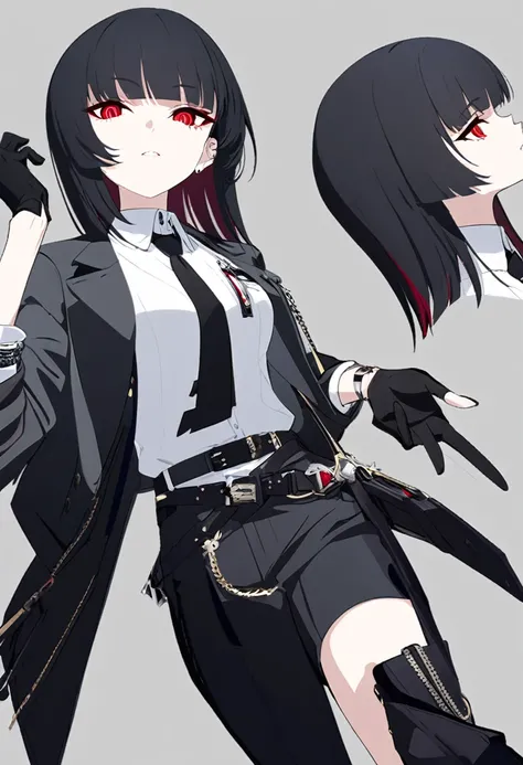 One woman,Dynamic,whole body,Are standing,mysterious,Concept Art,Character Design,Jet black straight hair,The bangs are trimmed to accentuate the eyes.,Short Hair,Well-proportioned face,Sharp Eyes,White shirt and black tie,Black slacks,Silver cufflinks on ...