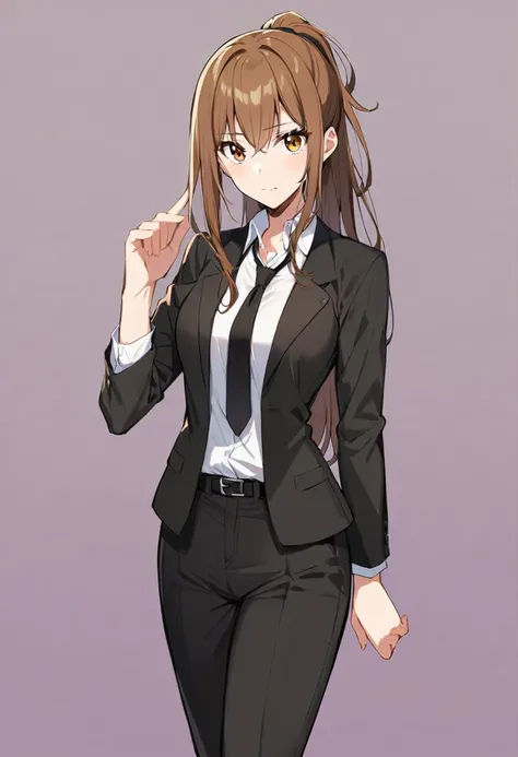 1 Girl, suit, office lady, Black trousers, Black blazer, Brown Hair, Long Hair, teenager, ponytail, Cover your nose with your hand