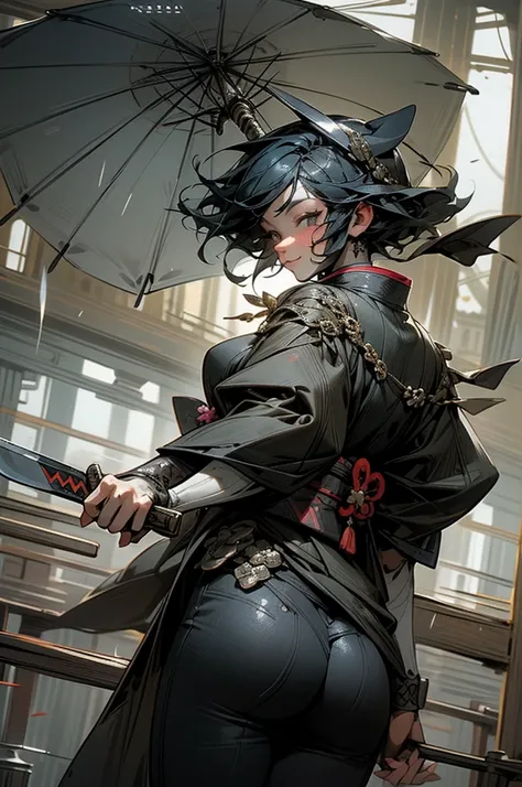 masterpiece,best quality,super fine illustration,super detailed,beautiful background,perfect face,perfect hands,dynamic angle,Ink painting style,ass pov,dynamic scene,kimono,knife,Short Hair,rain,battlefield,beautiful background,Fearless smile,Iai Slash


