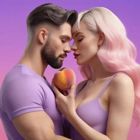 spotry naked musculin european man licking a peach in front of blond woman, he hold smartphone in his hand, we can see his face close, minimalistic, in a light purple and pink style, with soft edges and blurred details, in the toycore style, with a 3D rend...