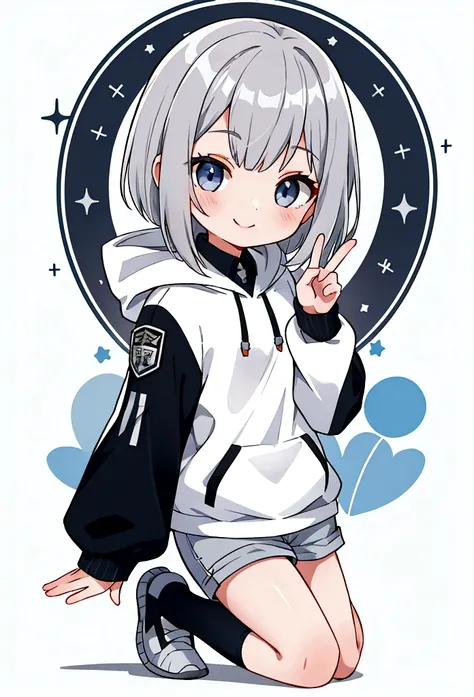 Girl,Silver Bob,blue eyes,birthday,whole body,White hoodie,Grey shorts,smile,older sister,Long black hair brown eyes,uniform