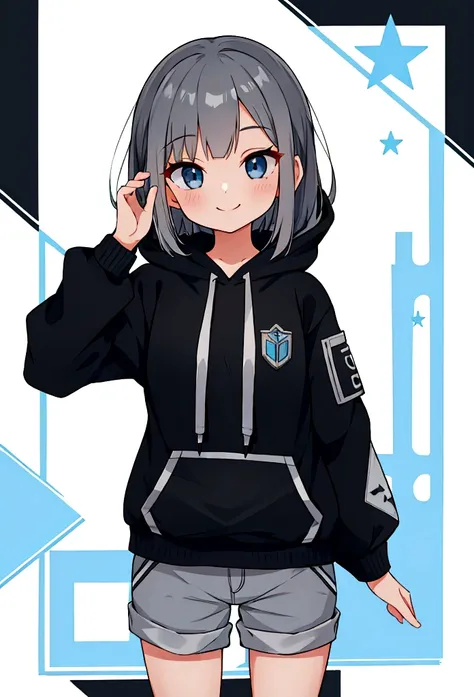 Girl,Silver Bob,blue eyes,birthday,whole body,White hoodie,Grey shorts,smile,older sister,Long black hair brown eyes,uniform