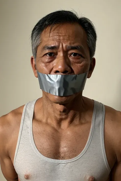 Old malay man, white singlet, tape gag, mouth gag , rope hands 