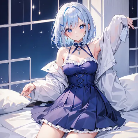 beautiful, masterpiece, Highest quality, anime, One girl, C Cup,Portrait Shot, View your viewers, Covered、Short Hair、nearby、Blue Eyes、art、、White hair,Blue streaked hair、wallpaper、hairpin、Cute smile、Thighs、、Cute、