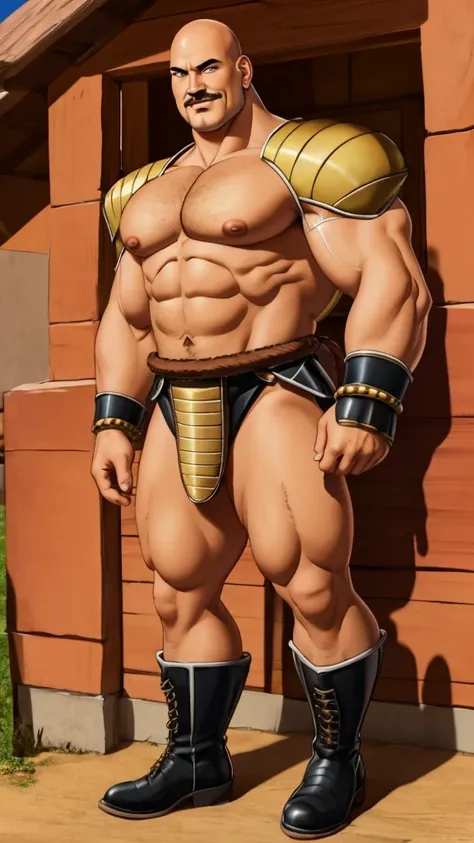 nappa, male focus, solo,cowboy shot, 1boy, bald, nipples, muscular male, abs,black vambraces, veins, pectorals, thighs, black eyes, topless male, mustache, ((micro-armor)) , tail around waist,  (best quality, masterpiece) , stripclub , full body , black bo...