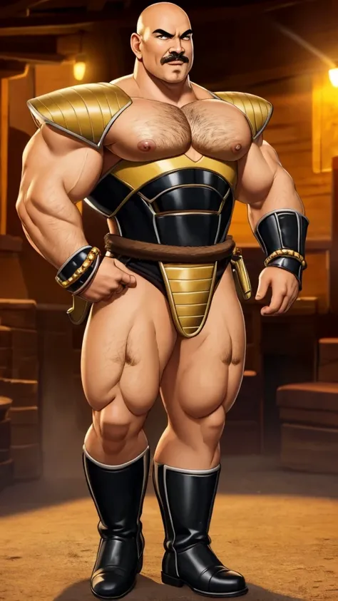 nappa, male focus, solo,cowboy shot, 1boy, bald, nipples, muscular male, abs,black vambraces, veins, pectorals, thighs, black eyes, topless male, mustache, ((micro-armor)) , tail around waist,  (best quality, masterpiece) , stripclub , full body , black bo...