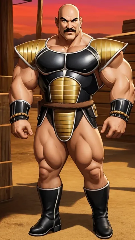 nappa, male focus, solo,cowboy shot, 1boy, bald, nipples, muscular male, abs,black vambraces, veins, pectorals, thighs, black eyes, topless male, mustache, ((micro-armor)) , tail around waist,  (best quality, masterpiece) , stripclub , full body , black bo...