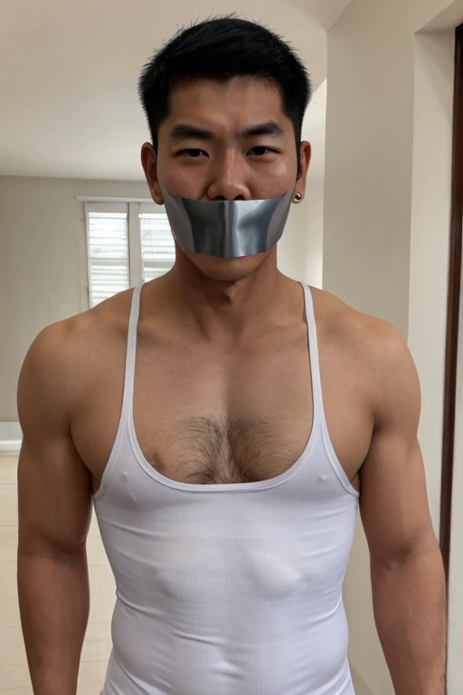 asian man, white singlet, tape gag, mouth gag , hairy chest