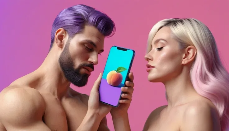 spotry naked musculin european man licking a peach in front of blond woman, he hold smartphone in his hand, we can see his face close, minimalistic, in a light purple and pink style, with soft edges and blurred details, in the toycore style, with a 3D rend...