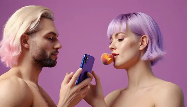 spotry naked musculin european man licking a peach in front of blond woman, he hold smartphone in his hand, we can see his face close, minimalistic, in a light purple and pink style, with soft edges and blurred details, in the toycore style, with a 3D rend...