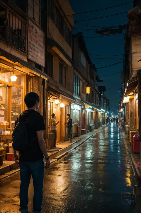 A night scene in a slum, illuminated by streetlights, featuring an empty shopping street with no one around. The environment is captured in hyper-realistic detail, akin to high-definition movie quality. The scene is rendered with depth of field blur, ray t...