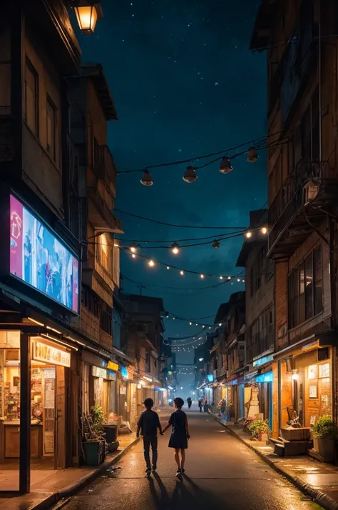 A night scene in a slum, illuminated by streetlights, featuring an empty shopping street with no one around. The environment is captured in hyper-realistic detail, akin to high-definition movie quality. The scene is rendered with depth of field blur, ray t...