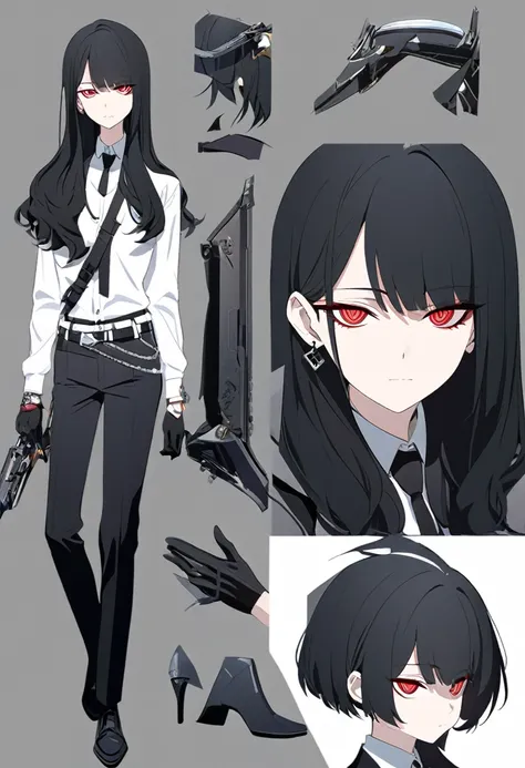 One woman,Dynamic,whole body,Are standing,mysterious,Concept Art,Character Design,Jet black straight hair,The bangs are trimmed to accentuate the eyes.,Short Hair,Well-proportioned face,Sharp Eyes,White shirt and black tie,Black slacks,Silver cufflinks on ...