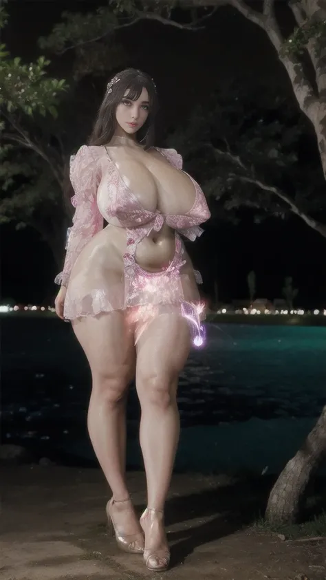  Big woman inside the manga tree at night setting there she looks like fairy tale wearing frock glowing effect clothes full body view POV from gorgeous face, breasts 