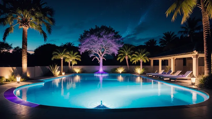 Long pool surrounded by palm trees, Illuminated swimming pool, Dream Pool, Infinity Pool, reflective lavender ocean water, Tropical Pool, Bright blue water, Iridescent pool, Cool purple slate blue lighting, Sit on the edge of the pool, purple and cyan ligh...