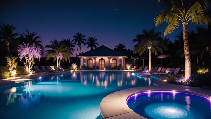 Long pool surrounded by palm trees, Illuminated swimming pool, Dream Pool, Infinity Pool, reflective lavender ocean water, Tropical Pool, Bright blue water, Iridescent pool, Cool purple slate blue lighting, Sit on the edge of the pool, purple and cyan ligh...