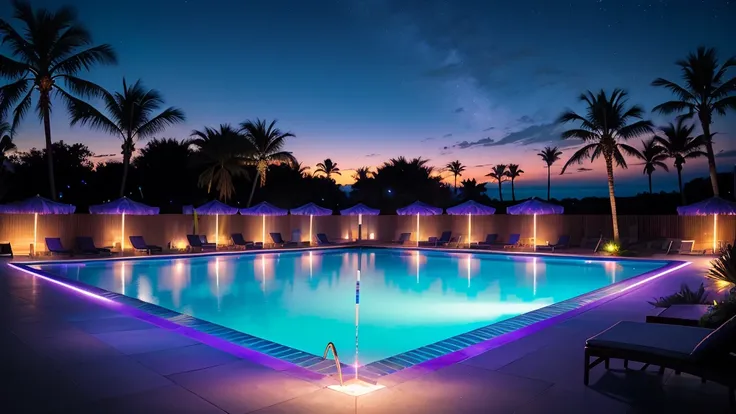 Long pool surrounded by palm trees, Illuminated swimming pool, Dream Pool, Infinity Pool, reflective lavender ocean water, Tropical Pool, Bright blue water, Iridescent pool, Cool purple slate blue lighting, Sit on the edge of the pool, purple and cyan ligh...