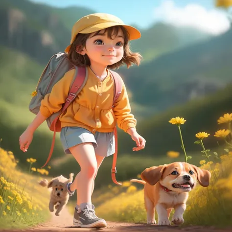 prompt: an incredibly charming  carrying a backpack, accompanied by her adorable puppy, enjoying a lovely spring outing surround...