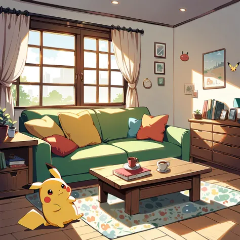 Create an adorable illustration of Pikachu taking a nap. Pikachu should be curled up on a comfy couch with a cozy blanket and a soft pillow. Surround Pikachu with a few toys and a book on a side table. The scene should feel warm and relaxing, perfect for a...