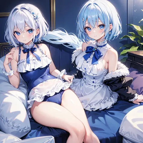 beautiful, masterpiece, Highest quality, anime, One girl, C Cup,Portrait Shot, View your viewers, Covered、Short Hair、nearby、Blue Eyes、art、、White hair,Blue streaked hair、wallpaper、hairpin、Cute smile、Thighs、、Cute、Frilled school swimsuit