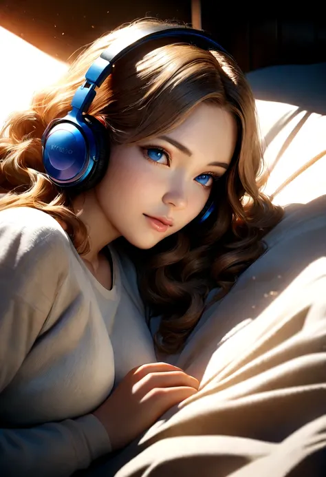 A beautiful girl with golden wavy hair, long and extremely large blue eyes, lying on a bed wearing headphones, anime style, best quality, 4k, 8k, highres, masterpiece, ultra-detailed, realistic, photorealistic, photo-realistic, HDR, UHD, studio lighting, u...